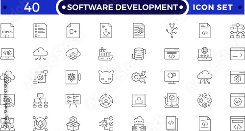 Software Development set of web icons in Outline style. Developer icons for web and mobile app. Code, api, programmer coding, app, flow, node connect, web coder, bug fix and more.