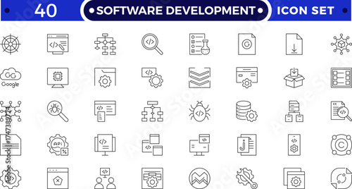 Software Development set of web icons in Outline style. Developer icons for web and mobile app. Code, api, programmer coding, app, flow, node connect, web coder, bug fix and more.