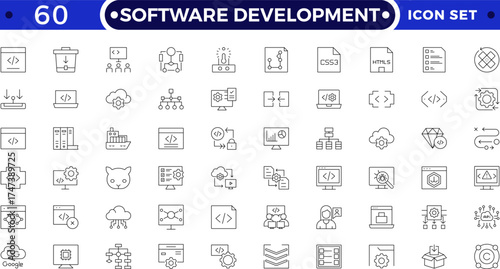 Software Development set of web icons in Outline style. Developer icons for web and mobile app. Code, api, programmer coding, app, flow, node connect, web coder, bug fix and more.