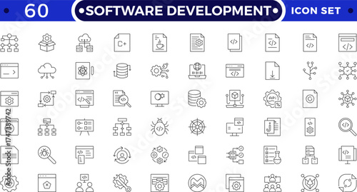 Software Development set of web icons in Outline style. Developer icons for web and mobile app. Code, api, programmer coding, app, flow, node connect, web coder, bug fix and more.