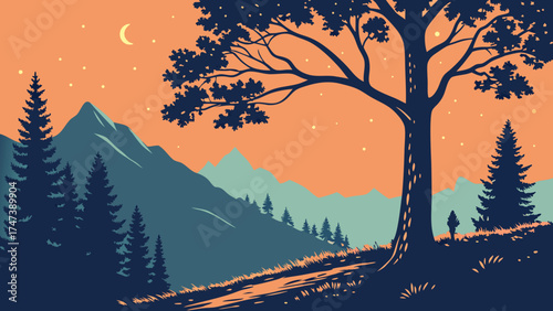 Mountain Landscape at Dusk with Trees and Crescent Moon A Scenic Illustration.