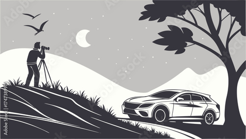 Night Photography Scene Photographer with Camera on Tripod near SUV under Crescent Moon and Stars.