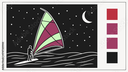 Nighttime Windsurfing Illustration Abstract Watersports Design Minimalist Ocean Scene Vector Graphic Art Starry Sky Crescent Moon Color Palette Maroon Purple Green Black Water Sports.