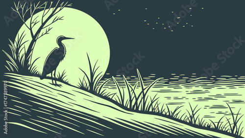Nocturnal Bird Silhouette by Water Under Moonlight Nature Illustration.