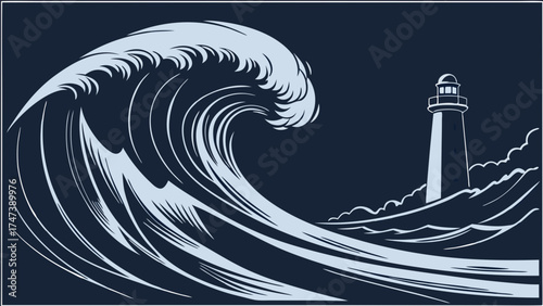 Ocean Wave Crashing Against Lighthouse Nautical Graphic Design Illustration.