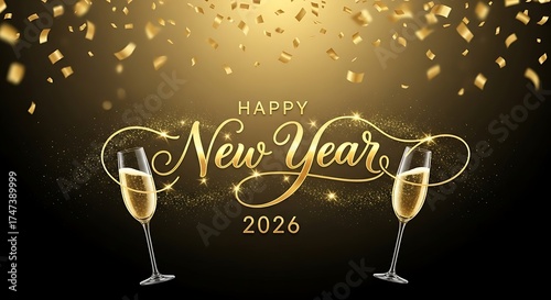 Happy New Year 2026 Celebration with Champagne Glasses and Golden Confetti.