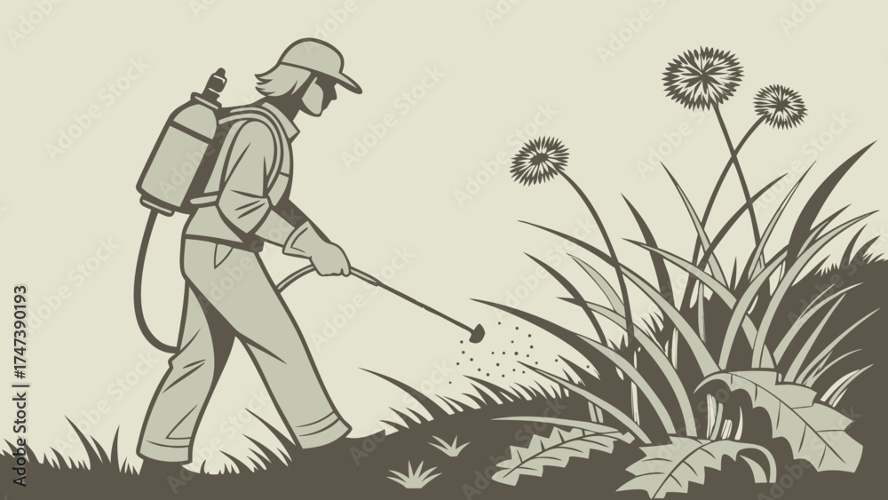 Fototapeta premium Pest Control Worker Spraying Weeds Agriculture Gardening Illustration Vector Graphic Design Environmental Maintenance Weed Removal Landscape Maintenance Outdoor Work Farming Gardening Su.