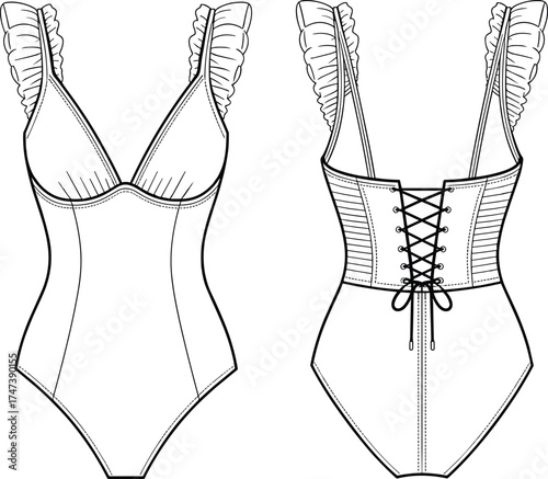 One piece swimsuit flat, technical fashion sketch, ruffled strap swimwear, corset lace back, underwire bust detail, front and back view illustration