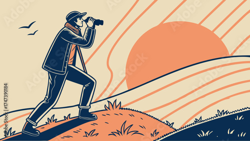 Person using binoculars on a hill at sunset vector illustration nature travel adventure exploration.