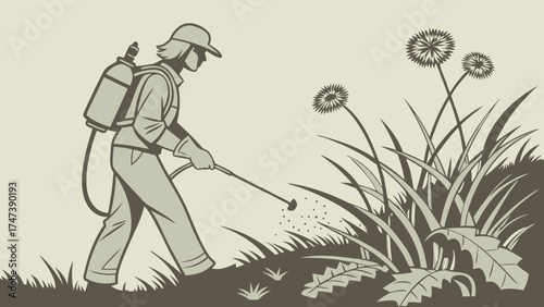 Pest Control Worker Spraying Weeds Agriculture Gardening Illustration Vector Graphic Design Environmental Maintenance Weed Removal Landscape Maintenance Outdoor Work Farming Gardening Su.