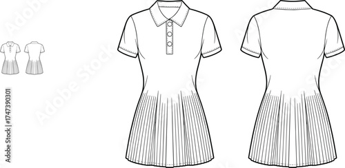 Pleated dress fashion flat, short sleeve garment vector, collared neckline design, button placket detail, technical clothing illustration, front and back view