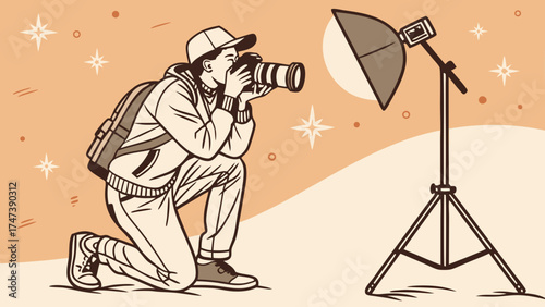 Photographer Kneeling with Camera and Studio Lighting Setup Professional Photography Artistic Illustration.