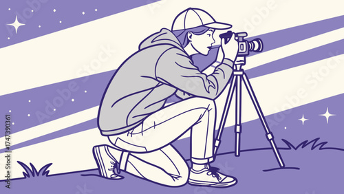 Photographer Kneeling with Camera on Tripod at Night.