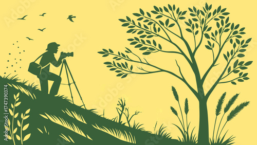 Photographer on a hill taking pictures of nature.