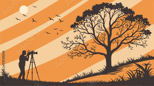 Photographer Silhouette Capturing Sunset Landscape with Birds and Tree.