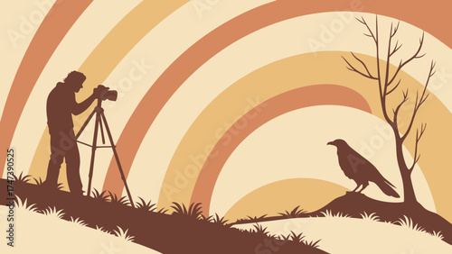 Photographer Silhouetted Against Retro Sunset Photographing Bird.