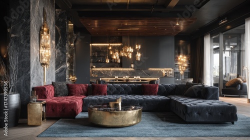 Luxurious Hotel Lobby - Deep Hues, Modern Sectional Sofa, and Ambient Lighting.