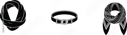 Infinity scarf silhouette, choker necklace vector, bandana neckerchief design, paisley scarf illustration, fashion accessory icon, black outline, stylish clothing detail