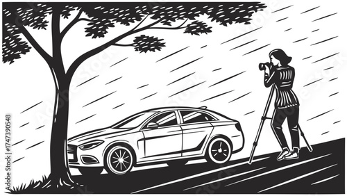 Photographer taking a picture of a car in the rain under a tree.