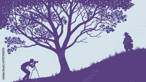 Photographer Silhouetted Taking a Picture of a Model Under a Tree.