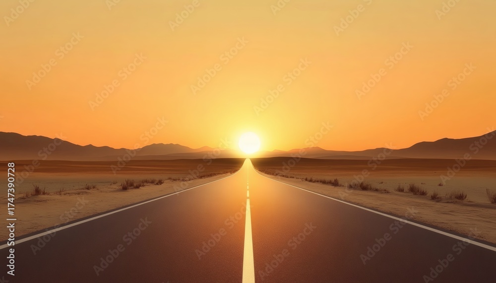 Fototapeta premium A long road extends to the horizon, disappearing into the bright sun setting over the desert mountains.