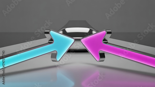 3d render, abstract minimalist geometric background. Two counter neon arrows approaching each other. Contradiction concept.