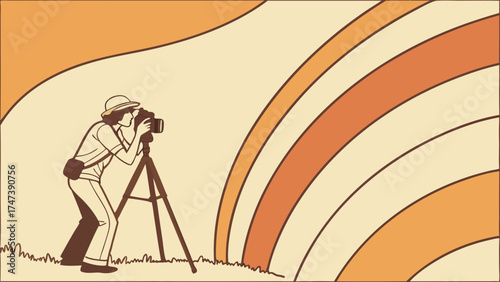 Photographer using a tripod with a retro style background illustration.