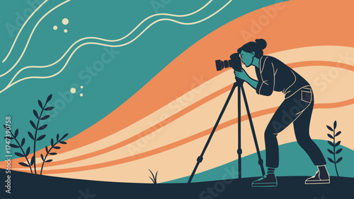 Photographer using a tripod capturing nature scene abstract background illustration.
