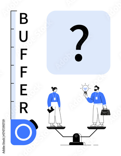 Two professionals on a seesaw, one holding a lightbulb, next to a buffer meter and question mark. Ideal for decision-making, problem-solving, work balance, ideas evaluation, teamwork, productivity