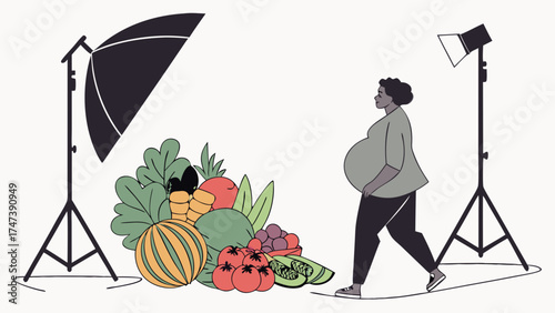 Pregnant Woman in Studio with Fruits and Vegetables Photography Set Up.