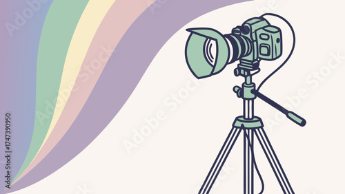 Professional Camera on Tripod with Rainbow Background Photography Equipment Illustration Studio Setup Digital Camera Photo Gear Videography Filmmaking Artistic Design.