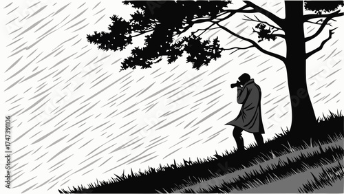Rainy Day Photographer Under Tree Silhouette Illustration Black and White Graphic Design.