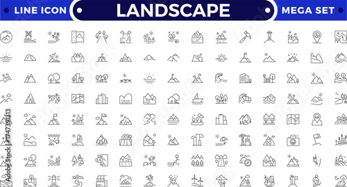 Landscape outline icon set. Park modern icon set. Contains such symbols as cape, land, building, field, mountain, garden, park and more.