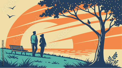 Romantic Couple Silhouette at Sunset by the Water with a Tree and Bench.