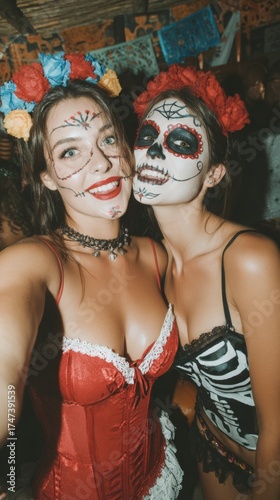 Halloween night: friends bonding amid shadowy festive backdrops. Creative poster. Selfie snapshot: friends enjoy halloween in colorful party setting. Clean layout. Rule thirds.