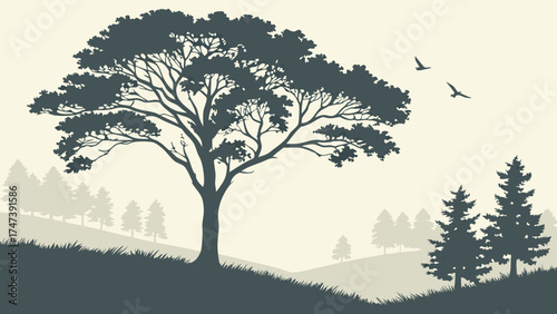 Serene Landscape Silhouette with Deciduous and Coniferous Trees and Birds in Flight.