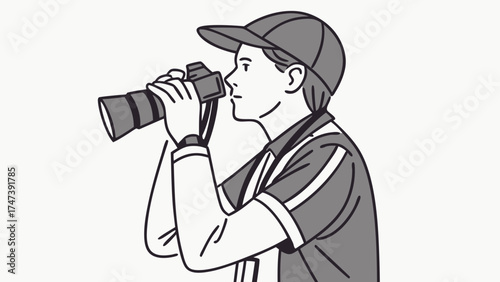 Side profile illustration of a person taking a photograph with a DSLR camera.
