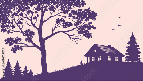 Silhouette of a house trees and birds in a peaceful landscape illustration.