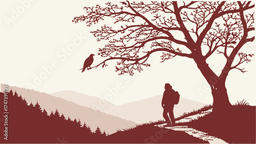 Silhouette of a hiker admiring a mountain view with a bird perched on a tree branch.