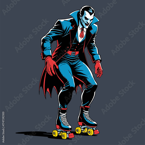 illustration of Dracula rollerblading
