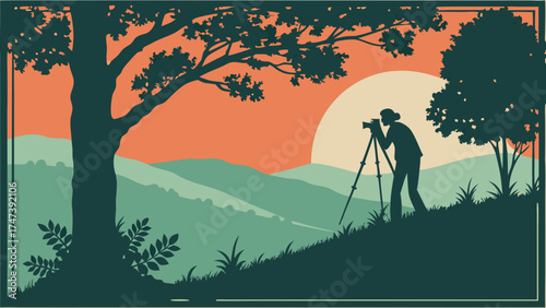 Silhouette of a photographer capturing a scenic landscape at sunset.