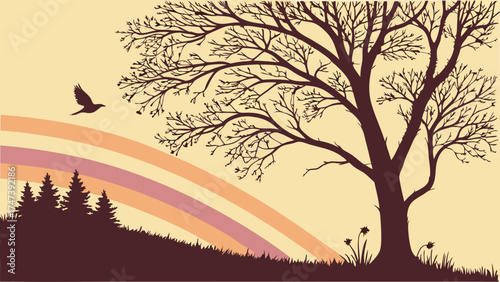 Silhouette of a tree bird and rainbow over a field with evergreen trees.