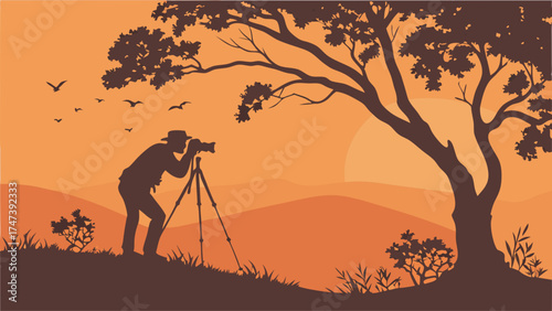 Silhouette of Photographer with Camera on Tripod at Sunset Nature Photography Landscape Illustration.