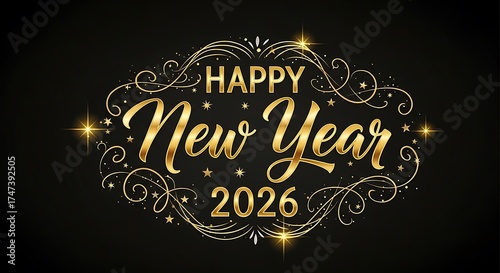 Happy New Year 2026 elegant golden typography with sparkling ornate frame on black background.
