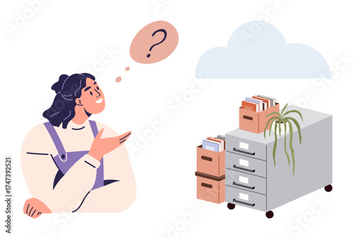 Woman pondering options for organizing or storing files, with cabinets, cloud illustration, and question mark bubble. Ideal for organization, decision-making, storage, digital transition