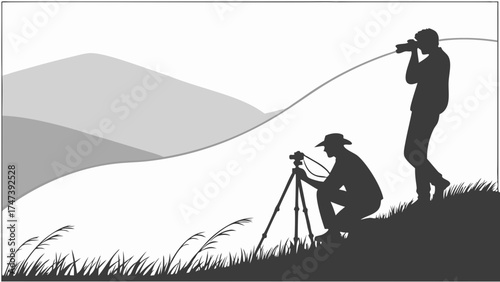 Silhouettes of two photographers capturing scenic mountain view nature photography landscape illustration.