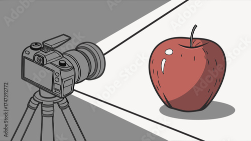 Still Life Photography Setup Camera on Tripod Photographing Red Apple Studio Lighting Illustration.