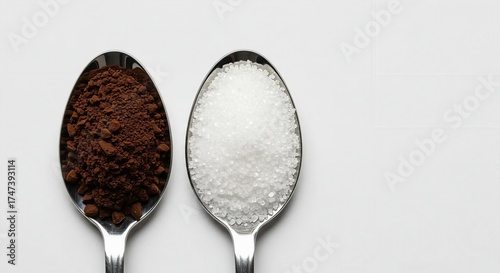 Coffee powder and sugar on a spoon isolated on a white background.