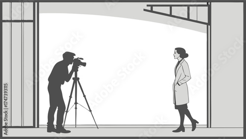 Studio Photography Session Photographer and Model Silhouette Illustration.