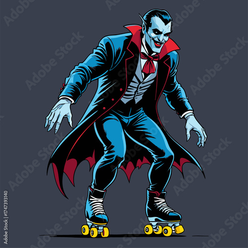 illustration of Dracula rollerblading